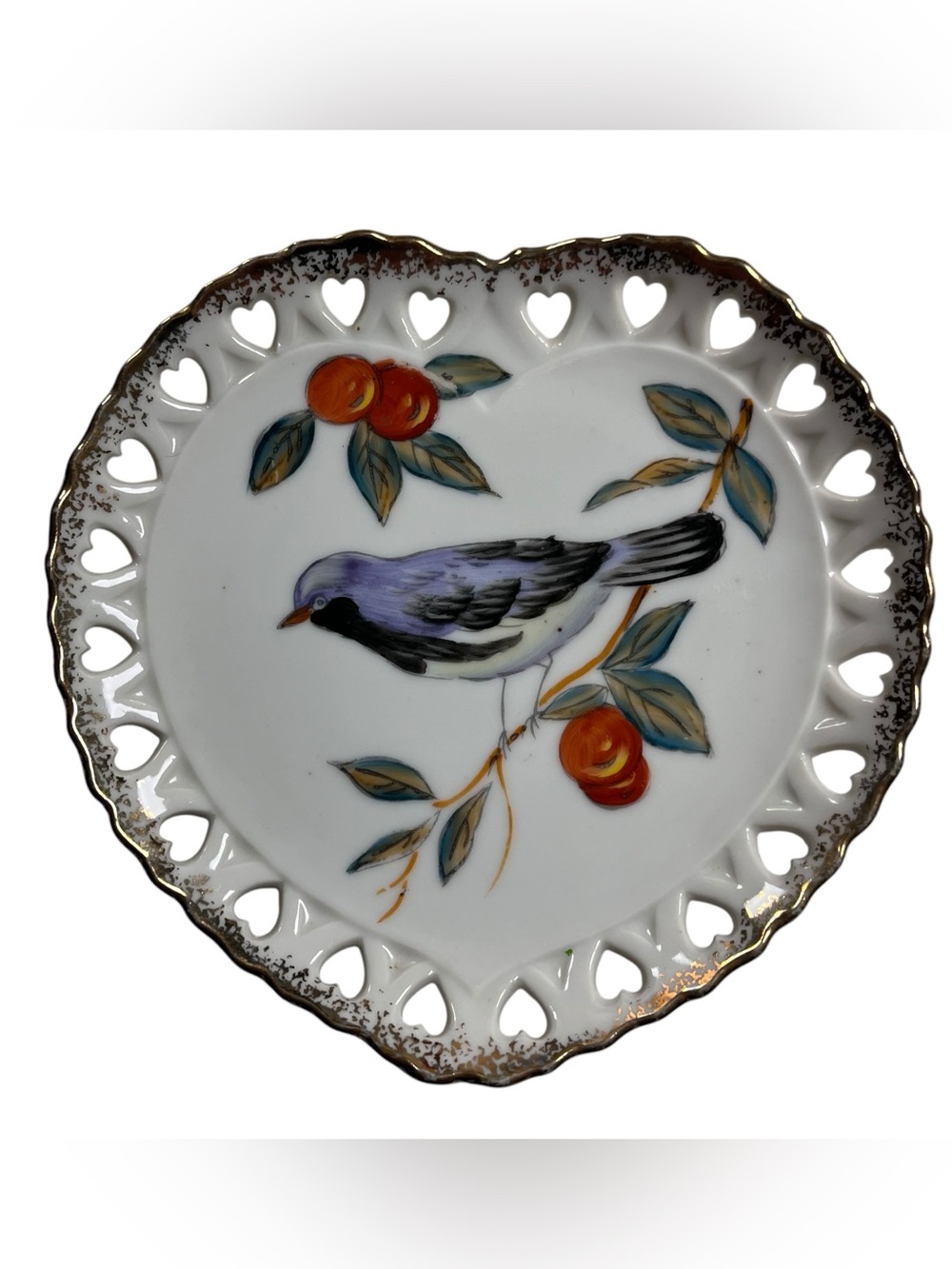 Vtg Set of 2 MCM Japan Lace Heart Reticulated Porcelain Bird Wall Hanging Plates
